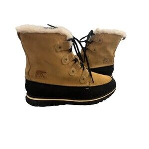 SOREL Womens Waterproof Insulated Snow Boots Tan Faux Fur Trim Lace-Up 10